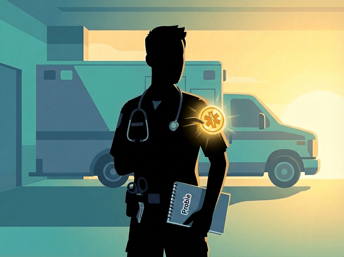 A confident EMT pinning their certification patch — from probie to provider