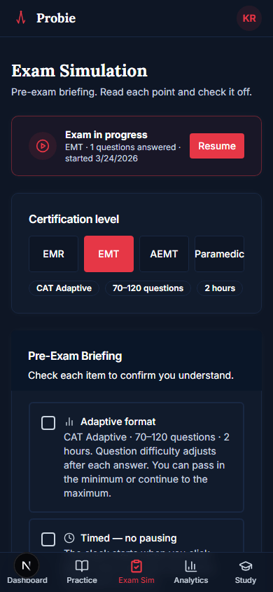 Probie exam simulation — CAT adaptive briefing