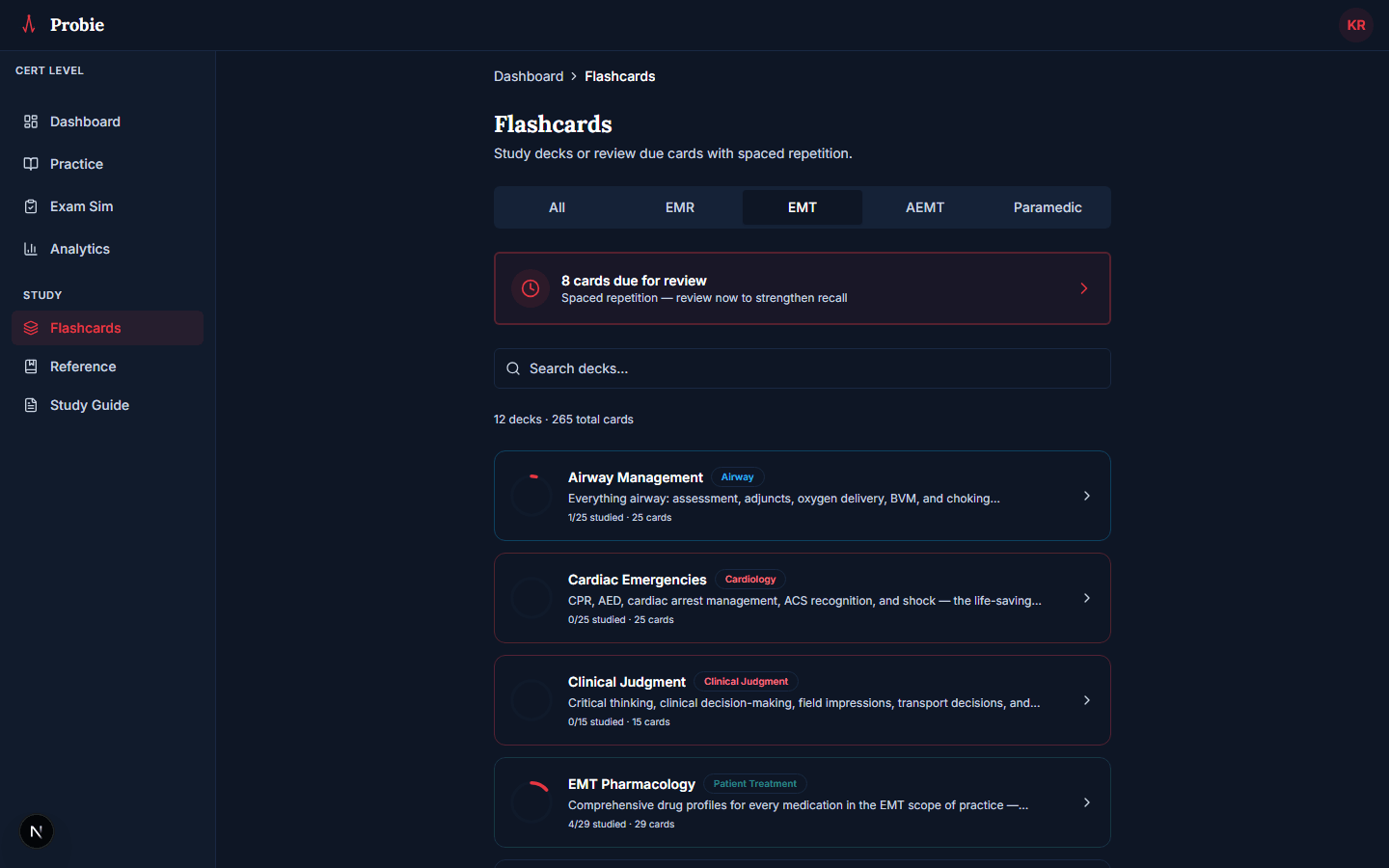 Probie flashcard decks — spaced repetition study